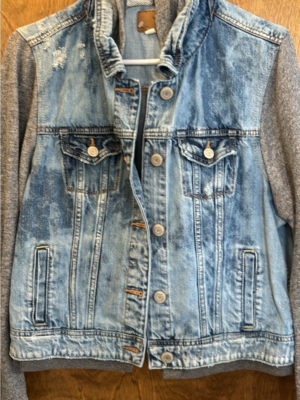 American Eagle Outfitters Light Blue Denim Jean Jacket with Gray Knit Sleeves